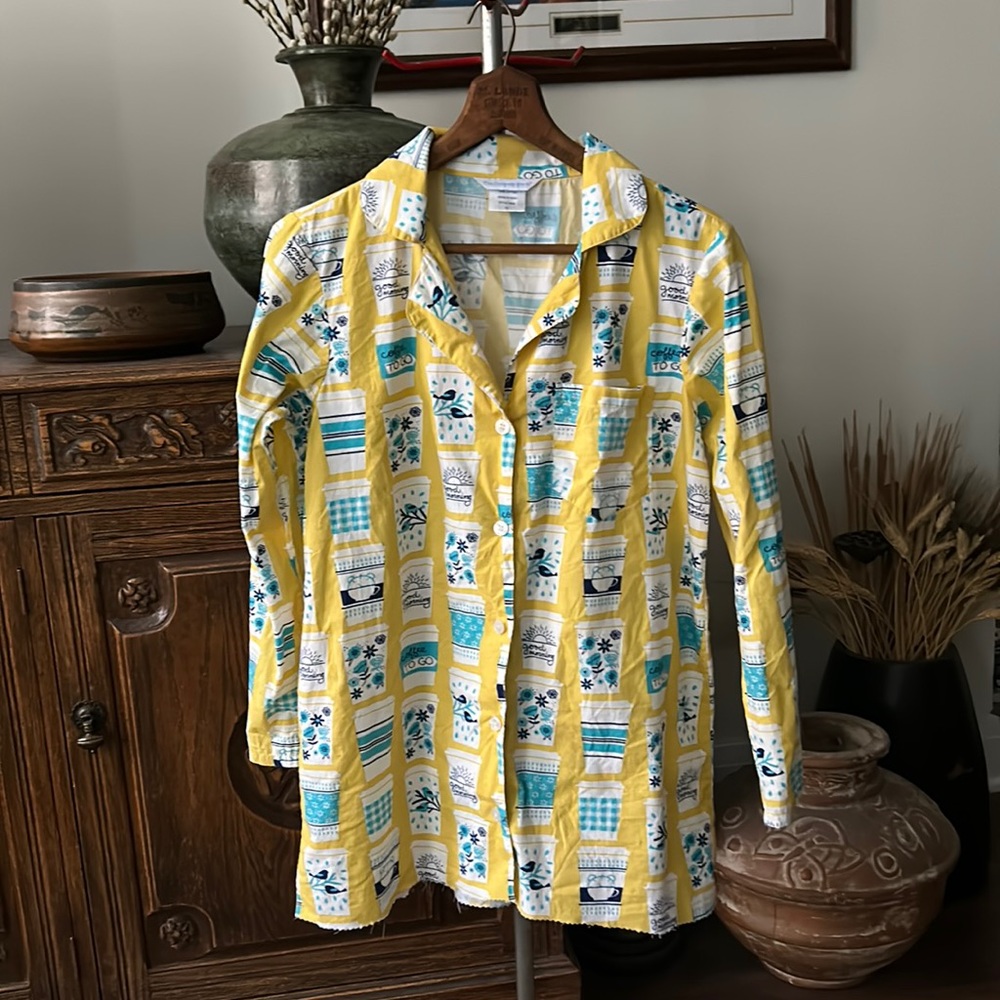 The Company Store Spring Floral Coffee Print Button Down Raw Hem